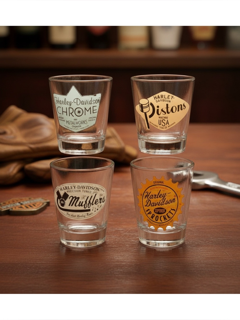 NIB Harley-Davidson Col-Parts Vintage Stamp Shot Glass Set